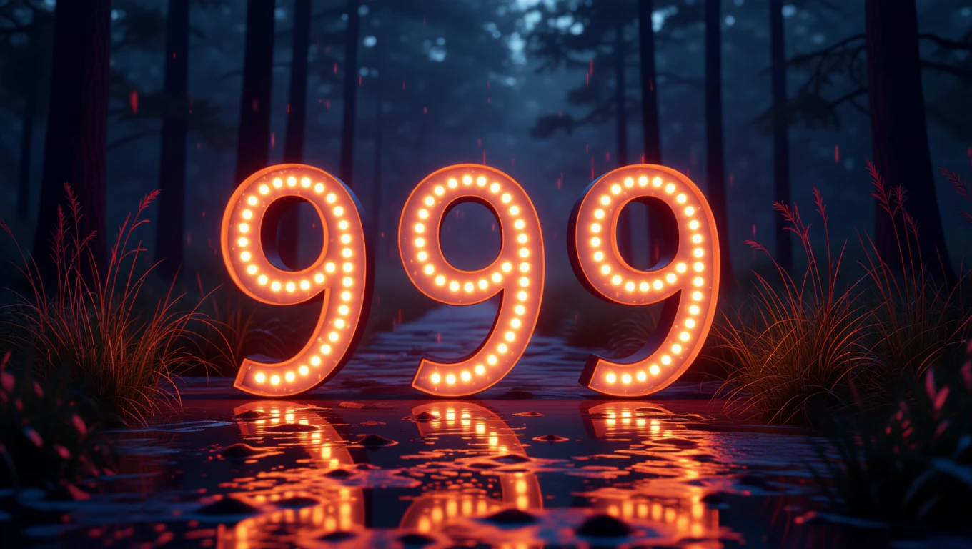 Die Zahl 999 leuchtet in einem mystischen Wald, umgeben von Pflanzen.