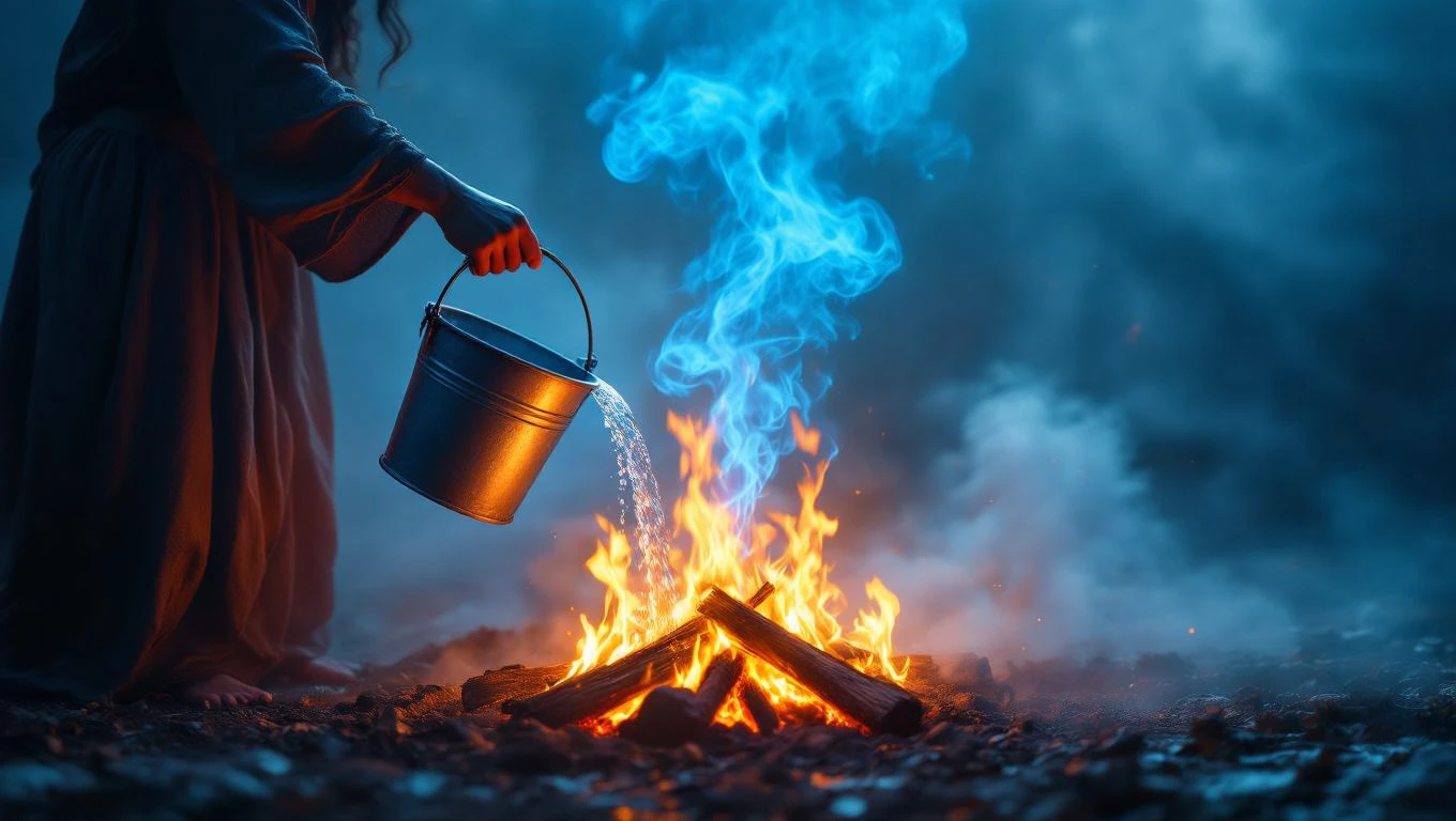 Eine Person gießt Wasser aus einem Eimer auf ein brennendes Feuer.