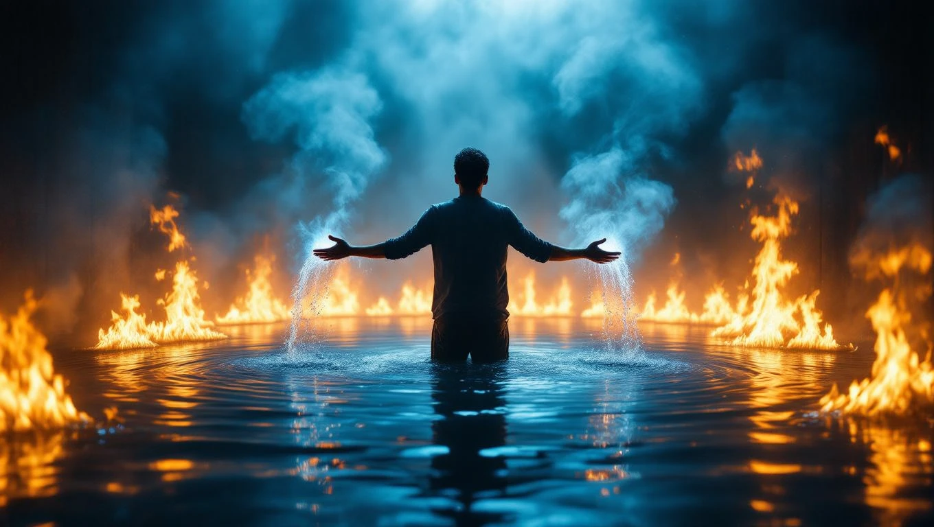 Ein Mann steht in einem Wasserbecken, umgeben von Flammen und Nebel.