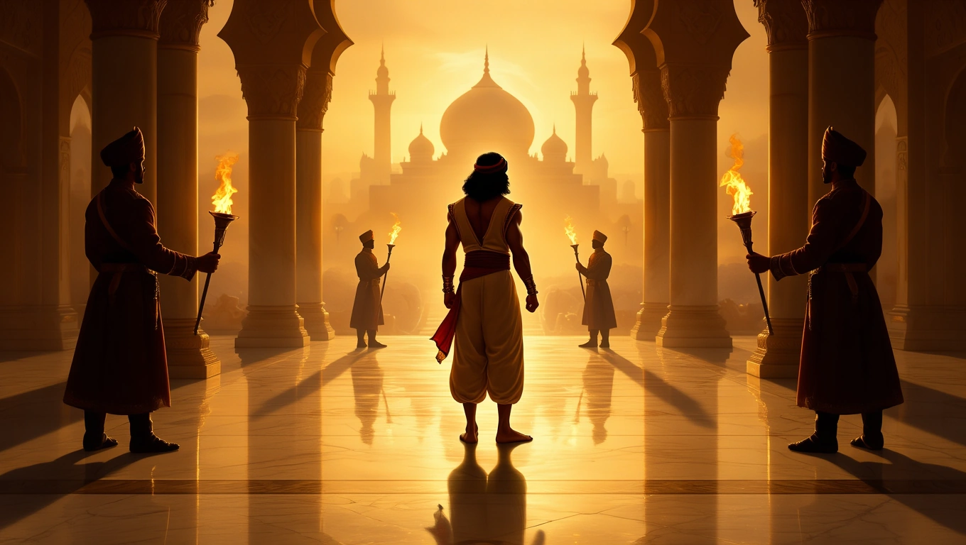 Aladdin steht vor einem majestätischen Palast, umgeben von Wächtern mit Fackeln.