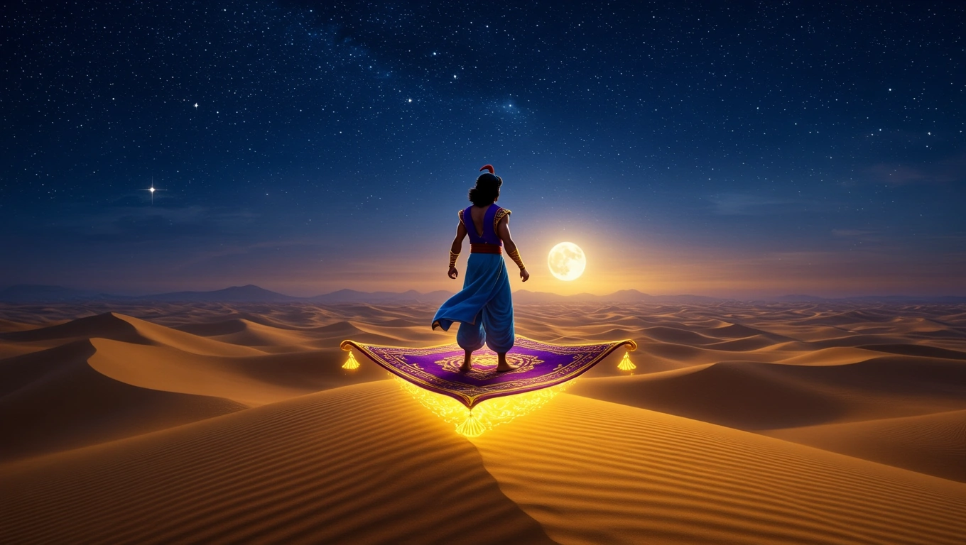 Ein junger Mann steht auf einem fliegenden Teppich in der Wüste unter einem Sternenhimmel.