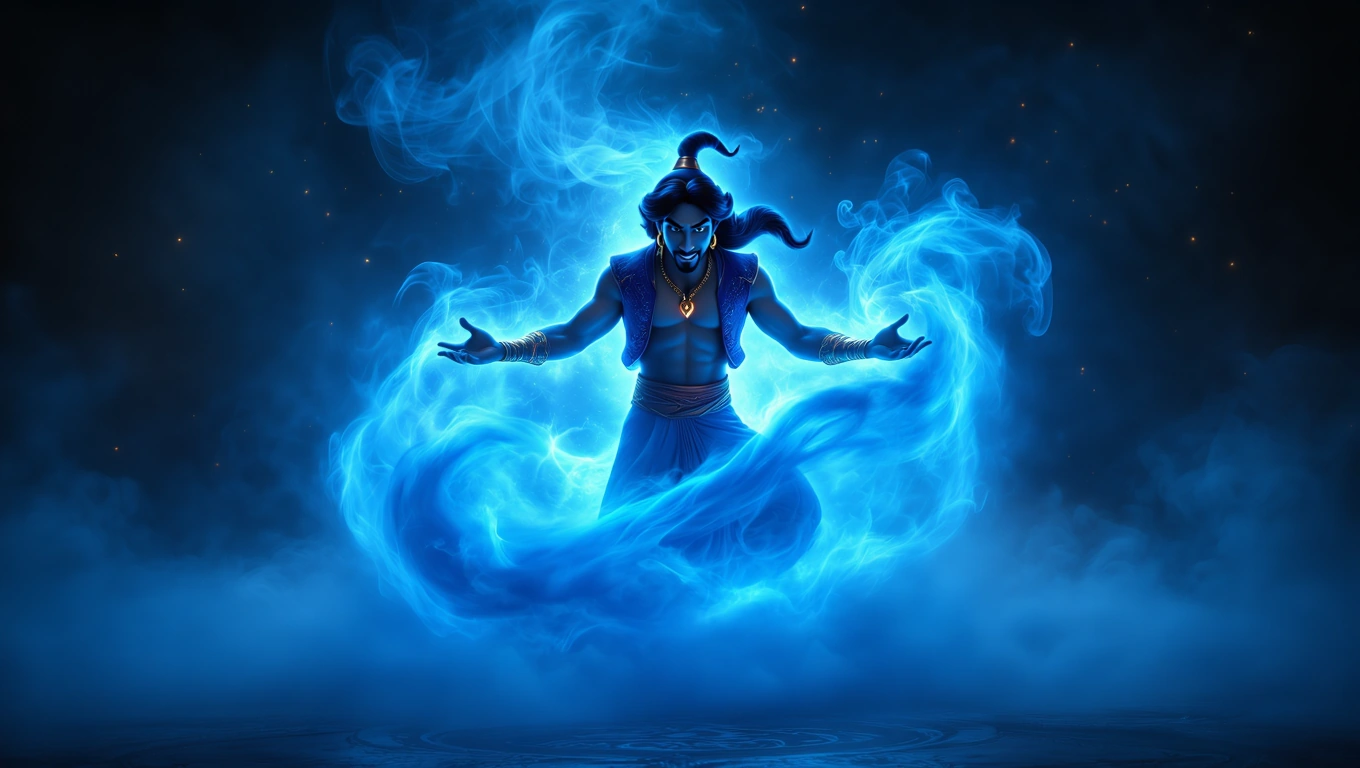 Ein Dschinn in blauer Rauchwolke, der magische Kräfte symbolisiert.