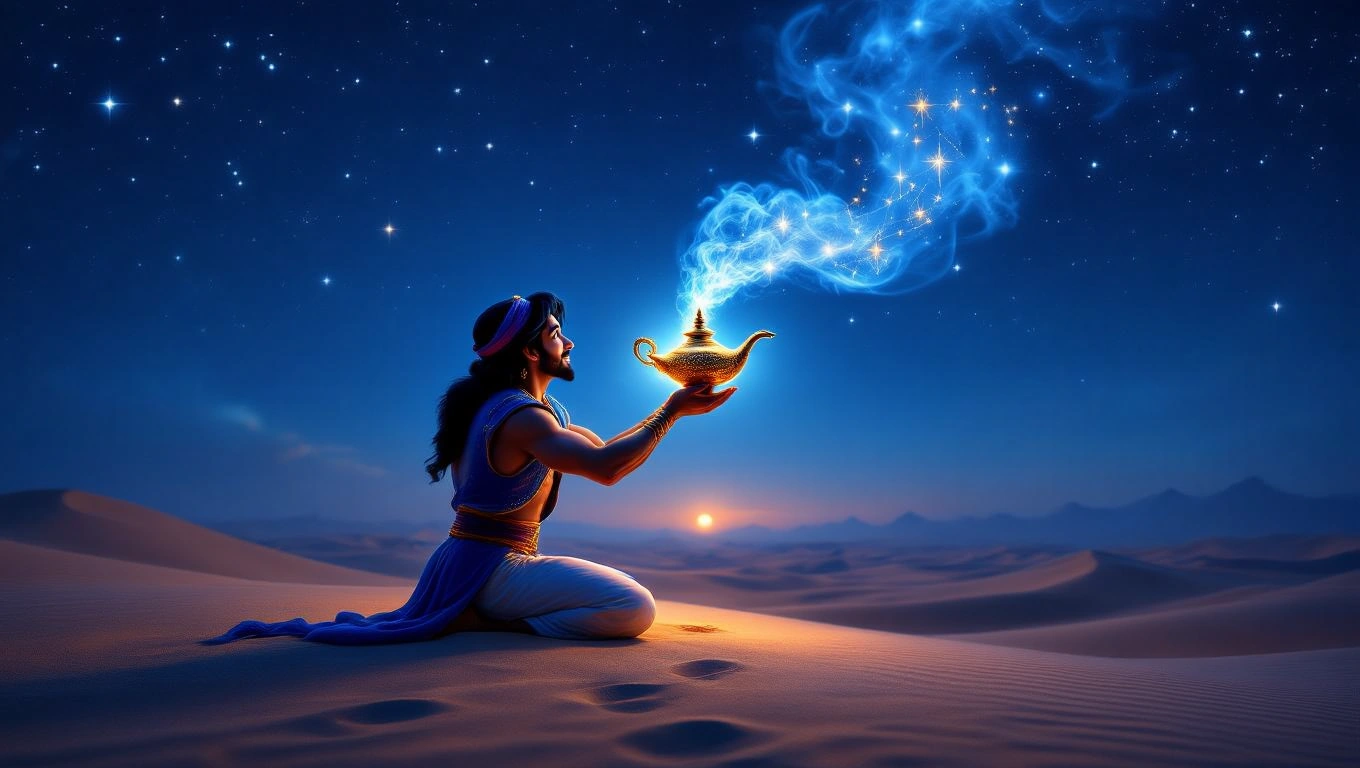 Ein Mann in traditioneller Kleidung hält eine Wunderlampe, aus der magischer Dampf aufsteigt.