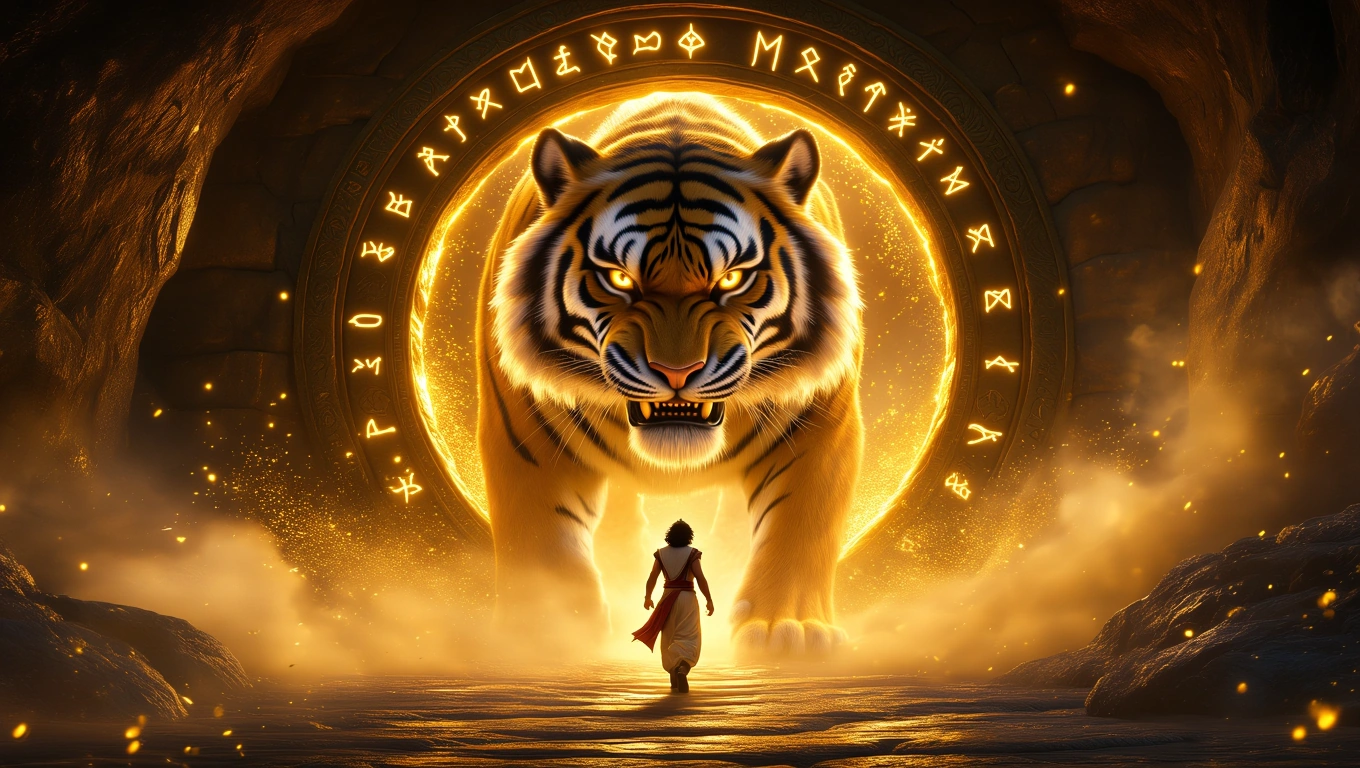 Ein mutiger junger Mann steht vor einem majestätischen Tiger in einer magischen Umgebung.