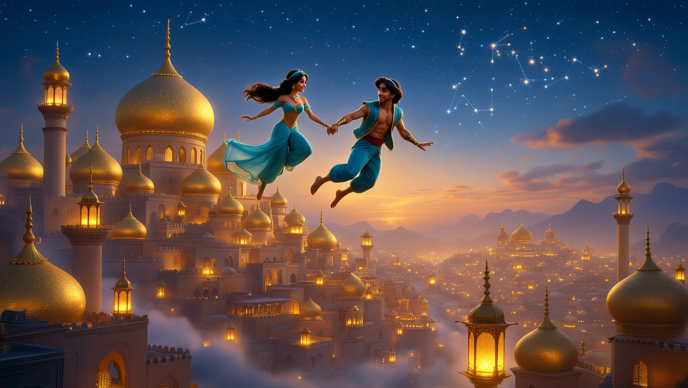 Aladdin und Jasmine fliegen über eine magische Stadt mit leuchtenden Türmen.