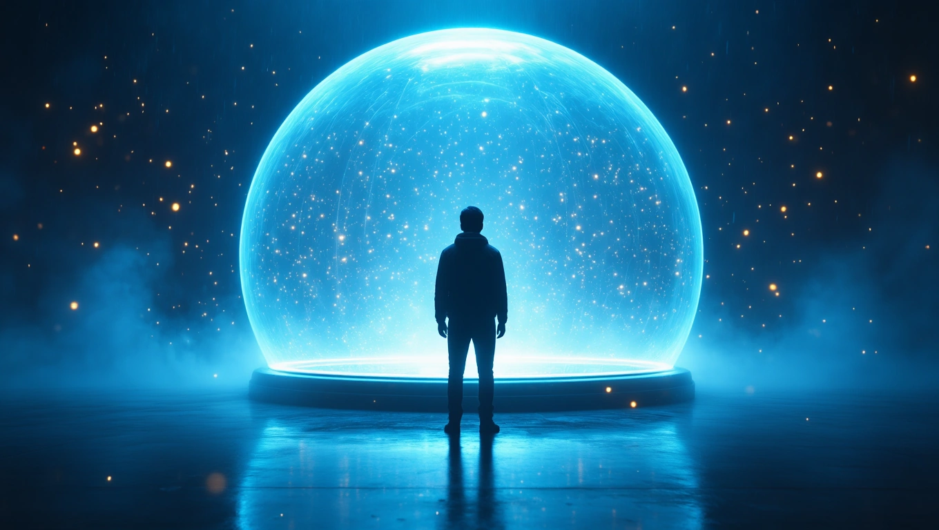 Eine Person steht vor einer leuchtenden Kuppel, umgeben von Sternen und Nebel.
