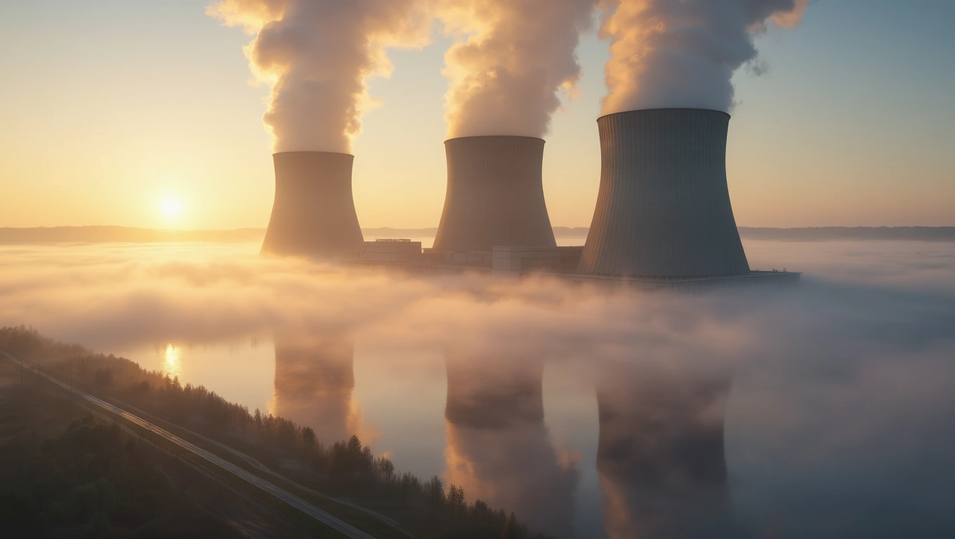 Drei Kühltürme eines Atomkraftwerks im Nebel bei Sonnenaufgang.