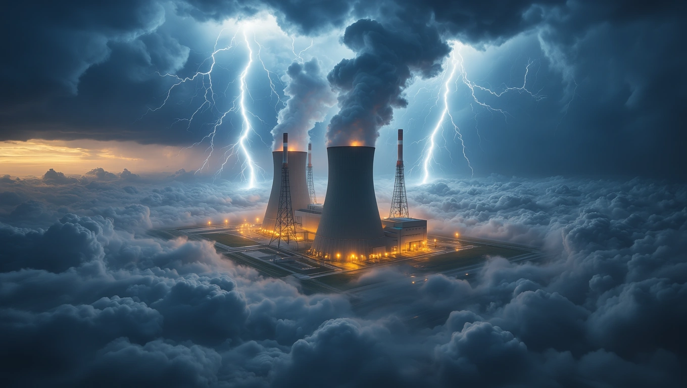 Ein Atomkraftwerk umgeben von dunklen Wolken und Blitzen, symbolisiert Energie und Transformation.