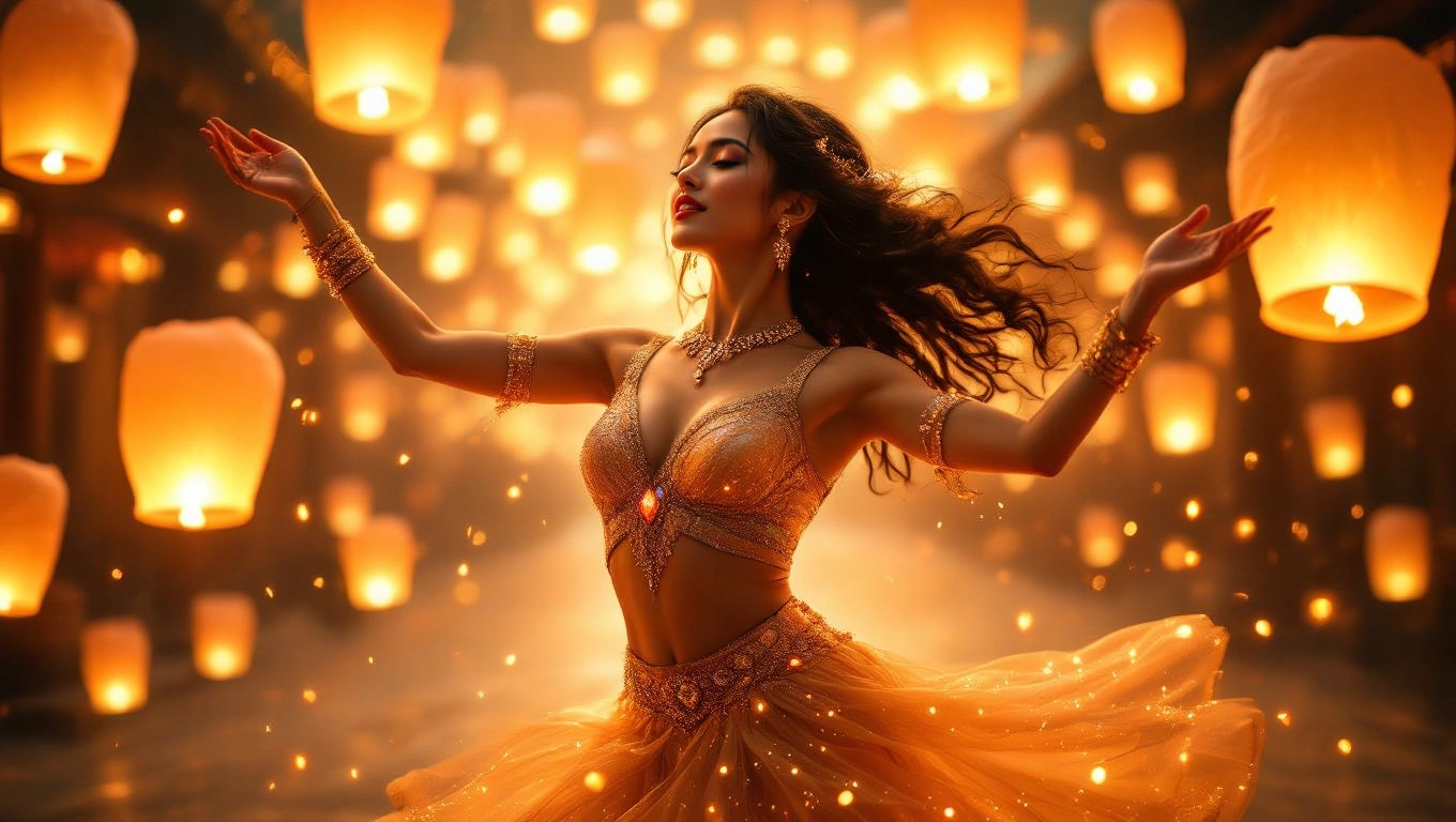 Eine Bauchtänzerin in einem leuchtenden Kostüm tanzt unter schwebenden Laternen.