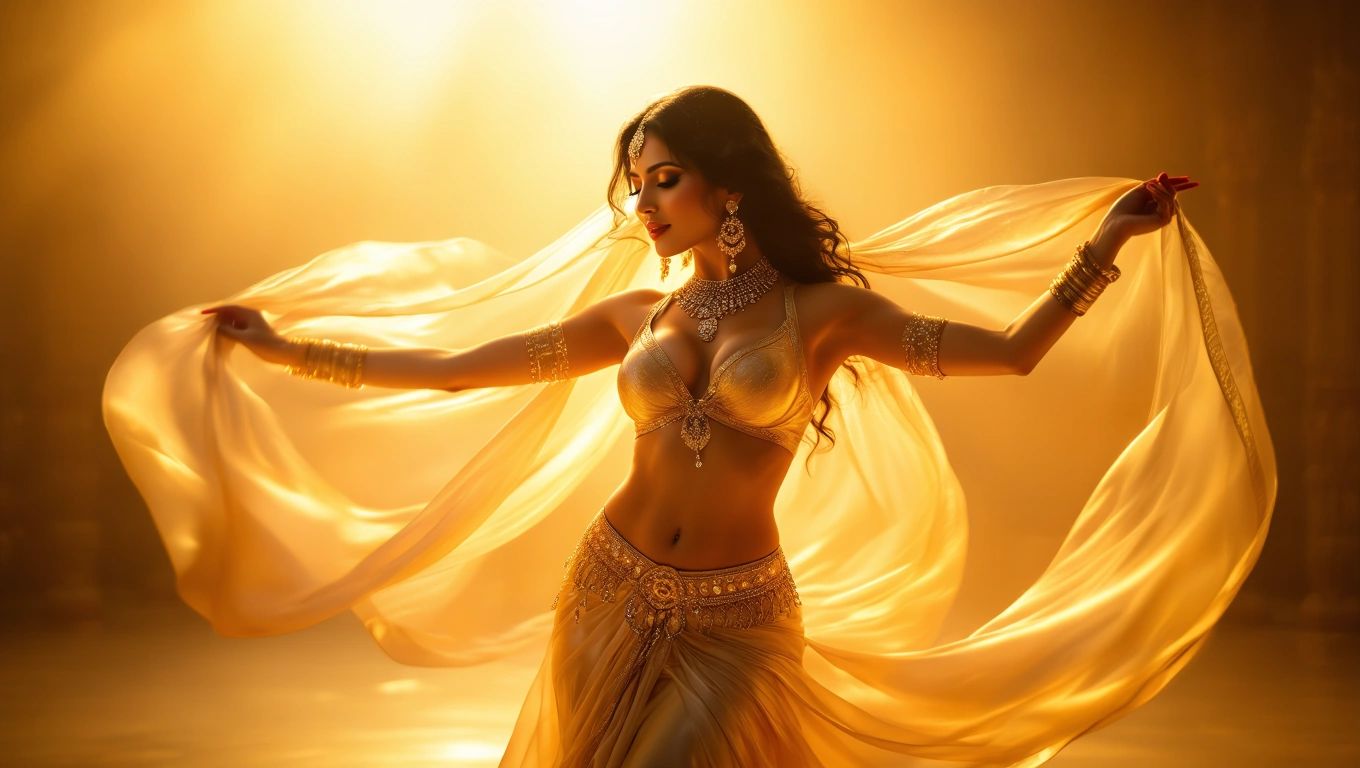 Eine Bauchtänzerin in goldener Kleidung, die elegant tanzt und mit einem Schleier spielt.