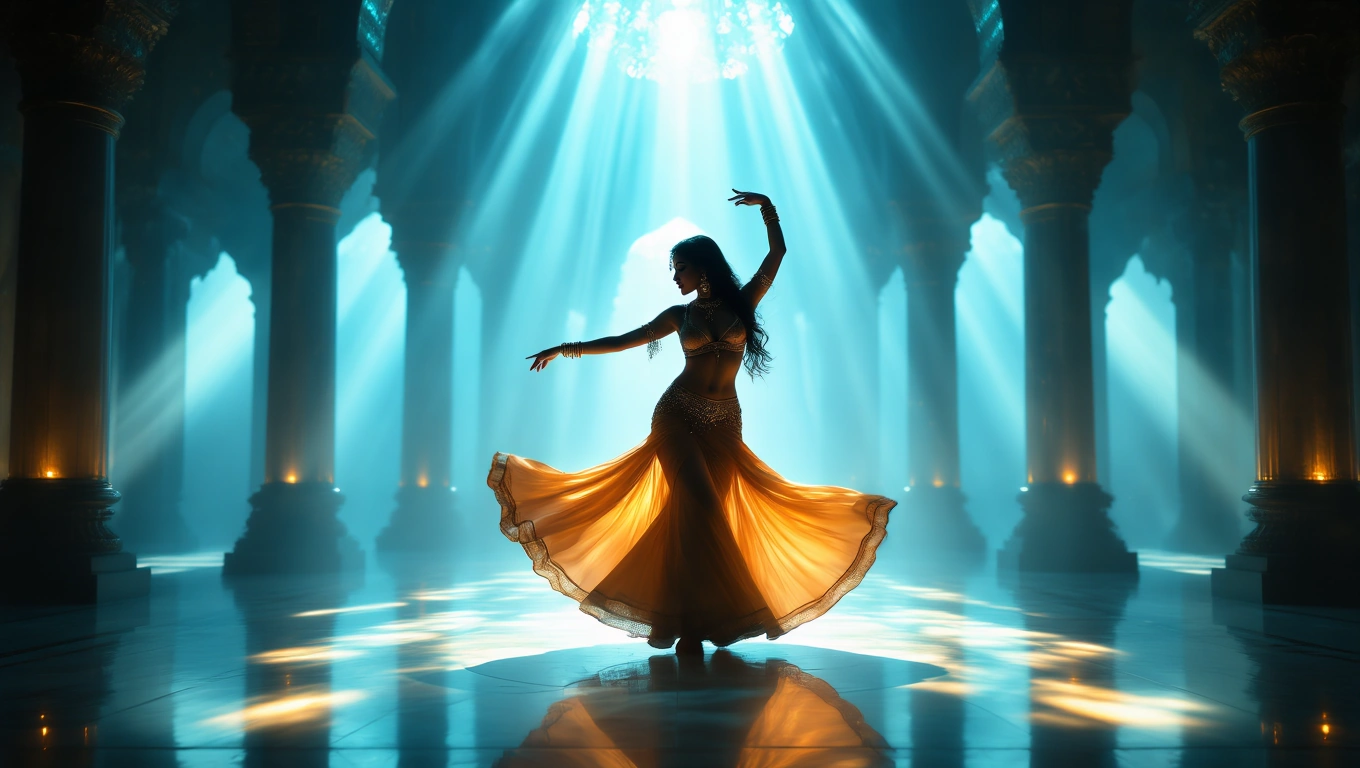 Eine Bauchtänzerin in einem mystischen Raum, umgeben von Lichtstrahlen.