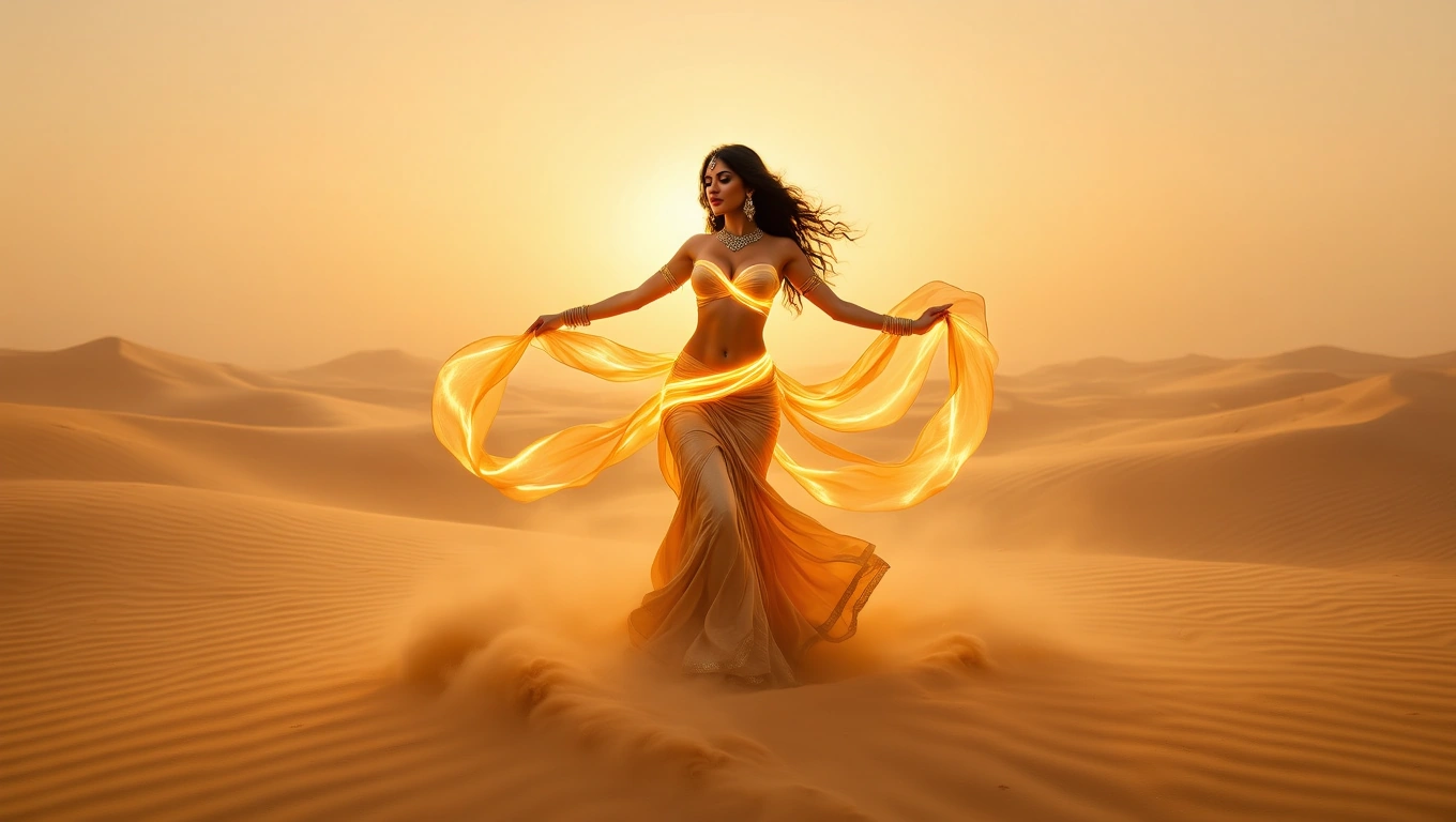 Eine Bauchtänzerin in einem goldenen Kleid tanzt in der Wüste bei Sonnenuntergang.
