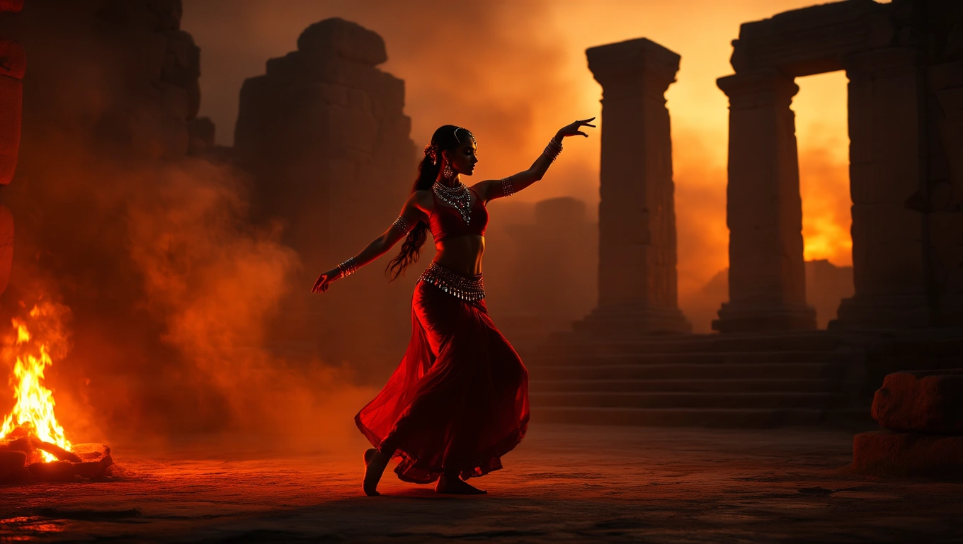 Eine Bauchtänzerin in rotem Kostüm tanzt vor antiken Säulen bei Sonnenuntergang.