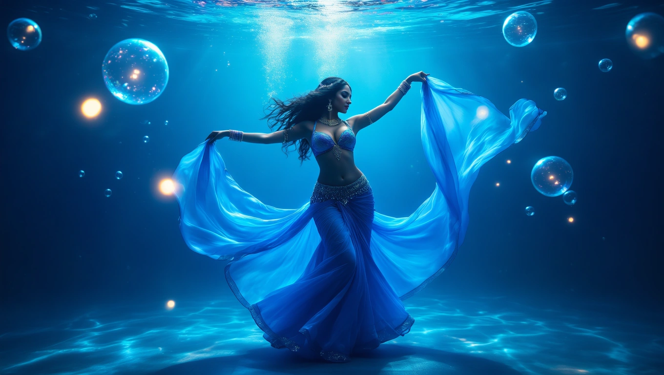 Eine Bauchtänzerin in blauer Kleidung tanzt unter Wasser, umgeben von Blasen.