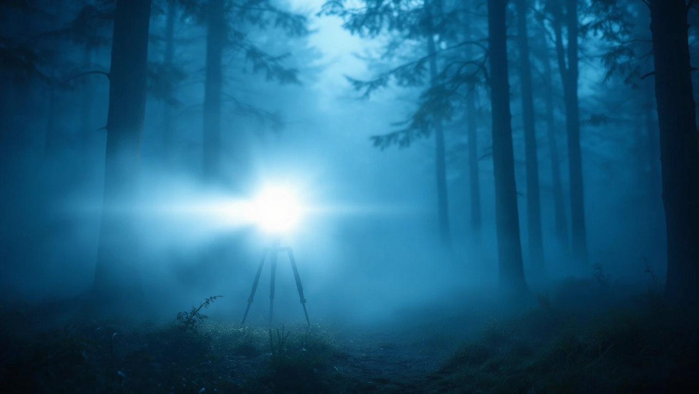Ein heller Kamerablitz leuchtet durch einen nebligen Wald mit hohen Bäumen.