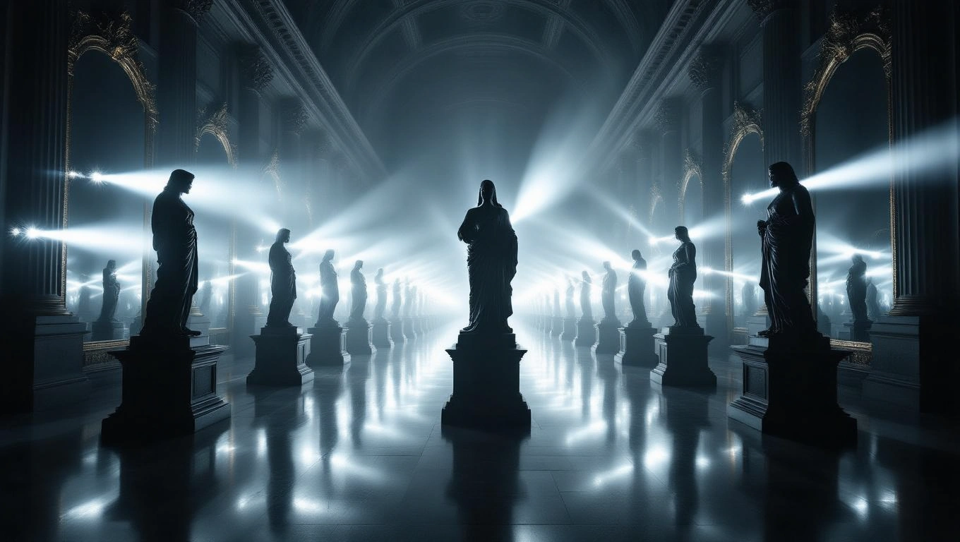 Eine düstere Halle mit Statuen, beleuchtet von strahlendem Licht.