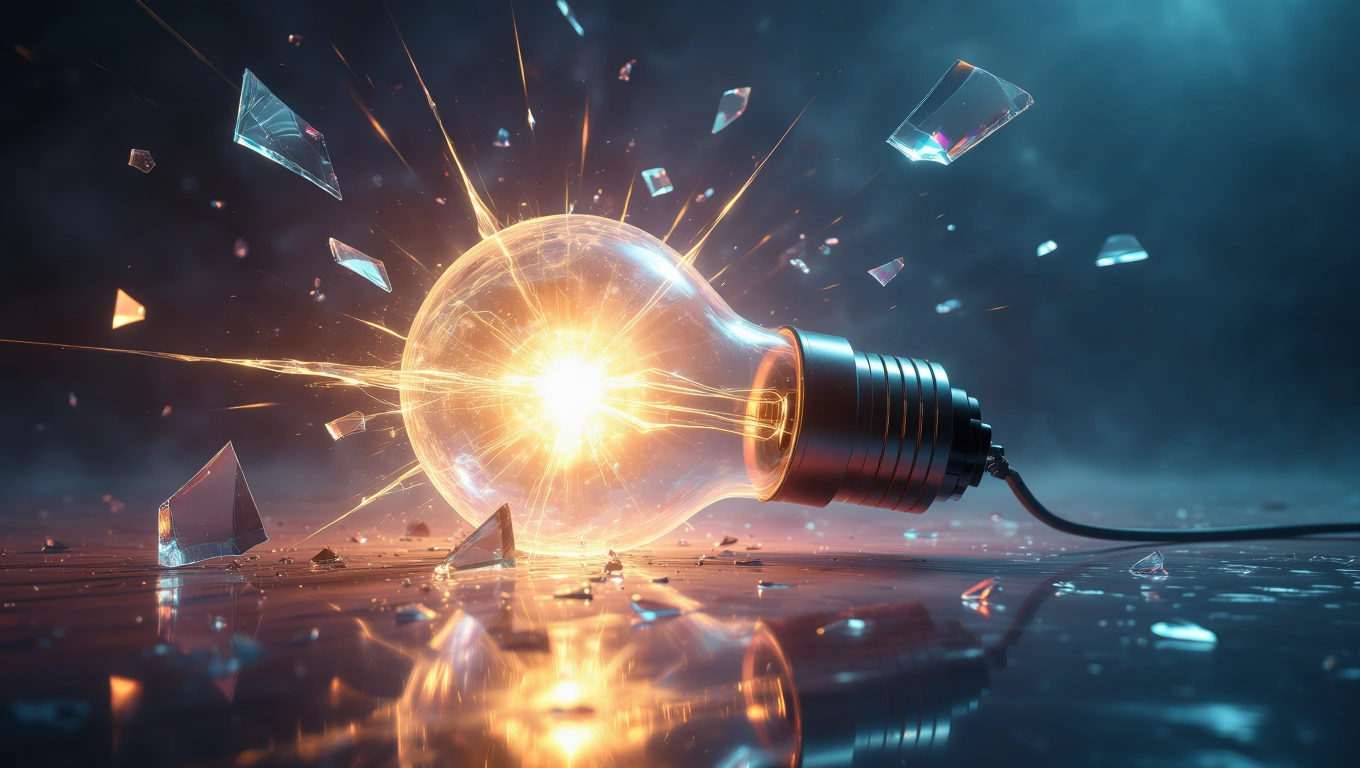 Eine zerbrochene Glühbirne mit funkelndem Licht und Glassplittern.