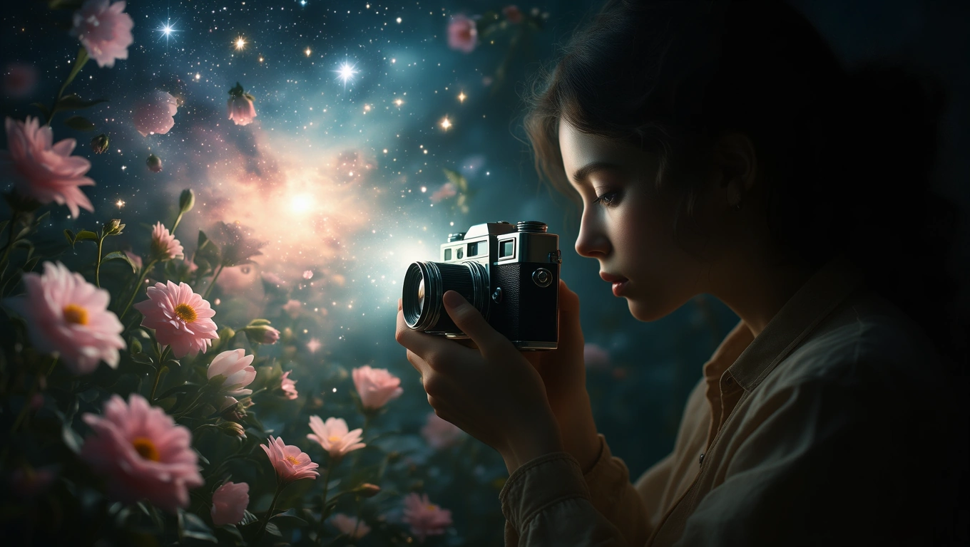 Eine Person hält eine Kamera in einer traumhaften Umgebung mit Blumen und Sternen.