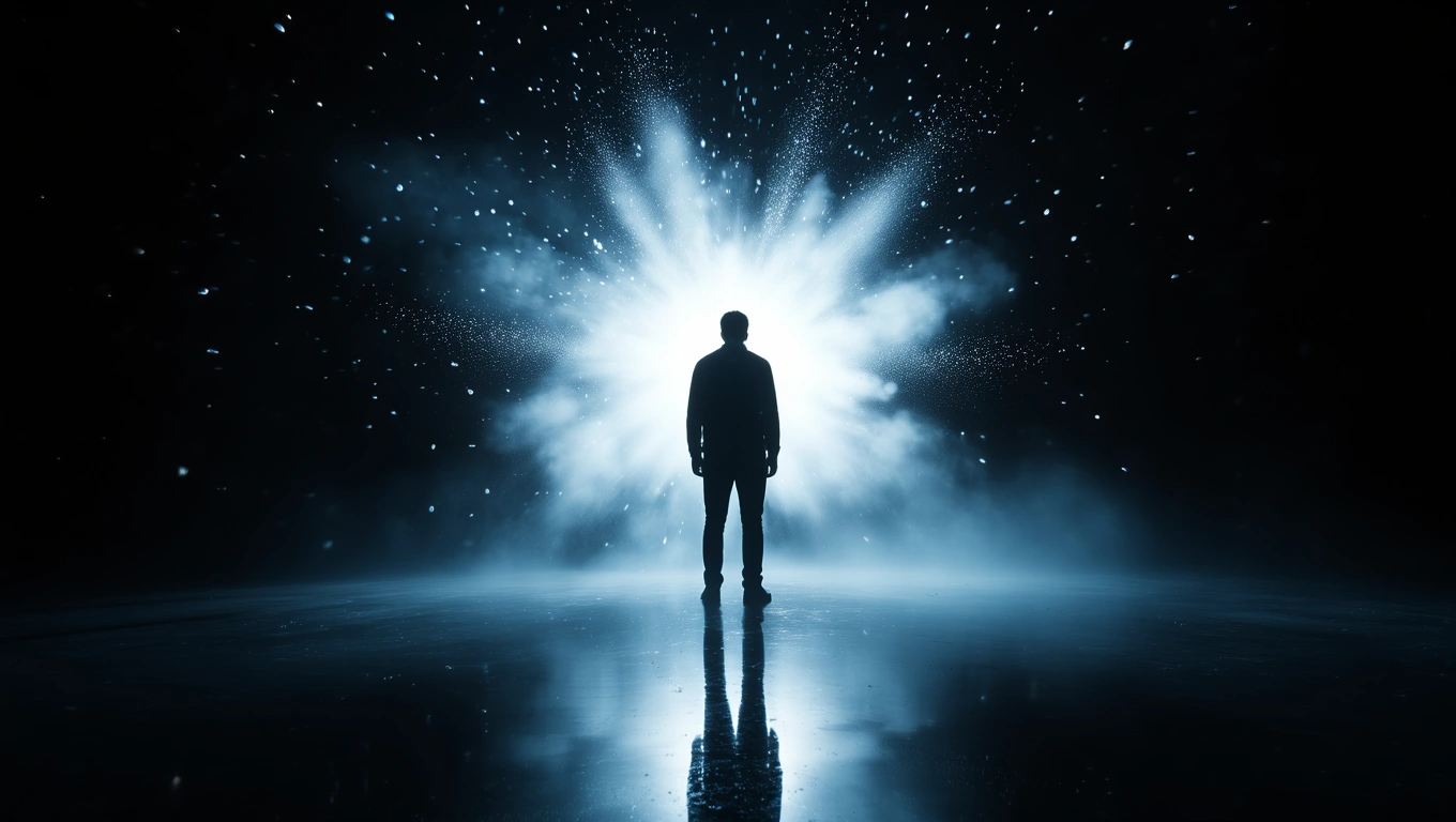 Eine silhouettierte Person steht vor einem strahlenden Lichtblitz in der Dunkelheit.