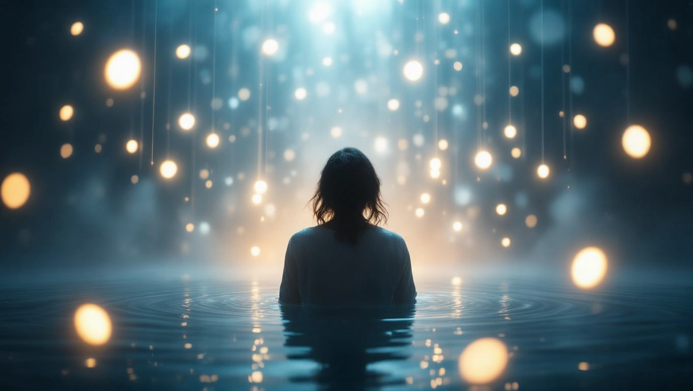 Eine Person steht im Wasser und blickt auf schimmernde Lichtpunkte im Nebel.