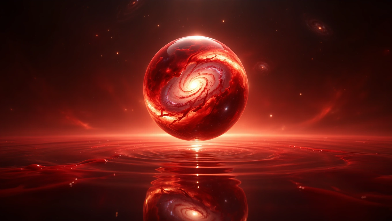 Eine leuchtende, rot gefärbte Kugel mit spiralförmigen Mustern, die an Blut erinnert.