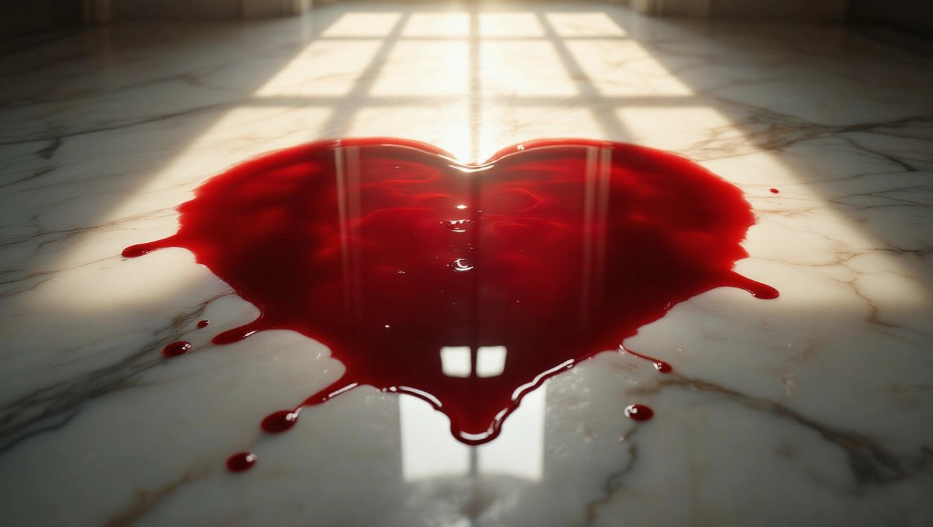 Ein Herz aus Blut auf einem marmornen Boden, symbolisiert Emotionen und Verletzlichkeit.
