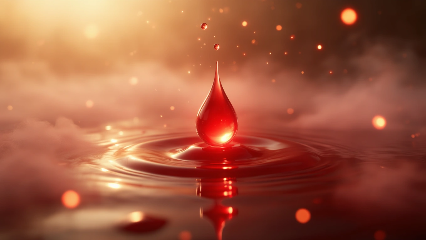 Ein roter Wassertropfen fällt in eine blutrote Flüssigkeit und erzeugt Wellen.