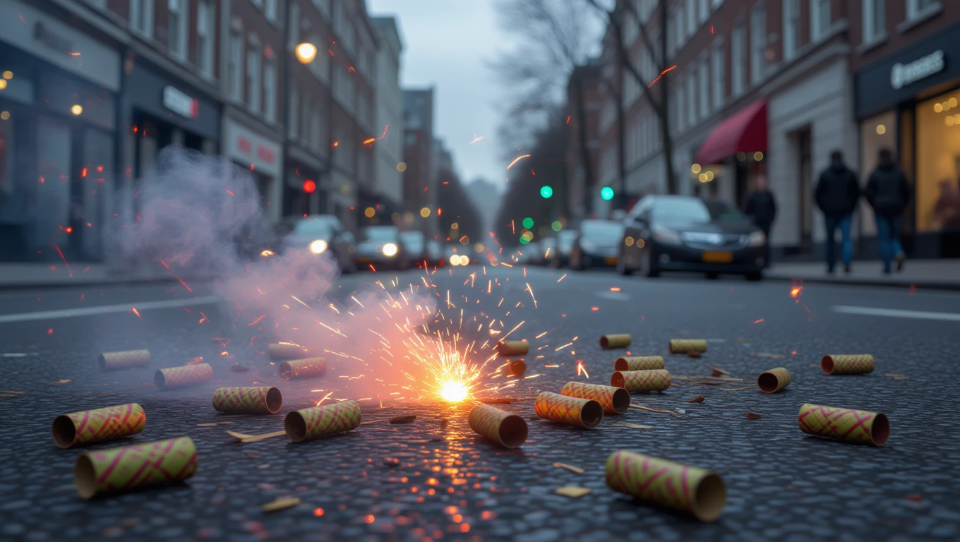 Eine explodierende Böller auf der Straße, umgeben von leeren Böllerhülsen.