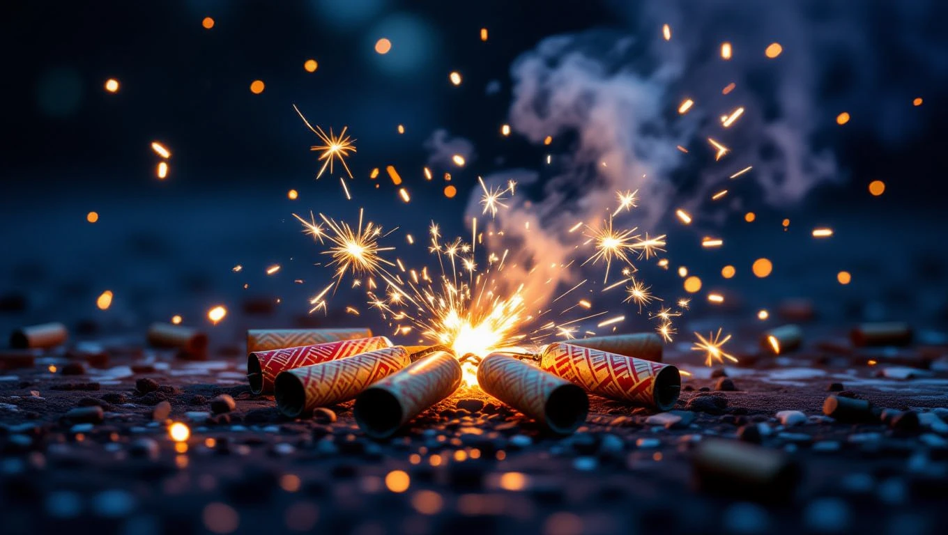 Böller mit Funken und Rauch auf einem dunklen Untergrund.