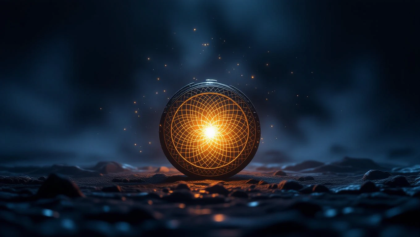 Eine leuchtende, spiralförmige Kugel auf einem dunklen Untergrund, umgeben von funkelnden Partikeln.