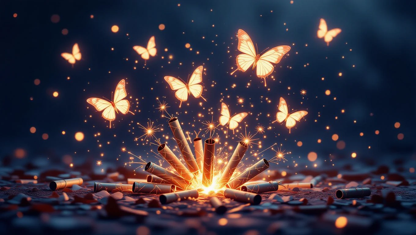 Eine Gruppe von Feuerwerkskörpern, umgeben von leuchtenden Schmetterlingen und Funken.