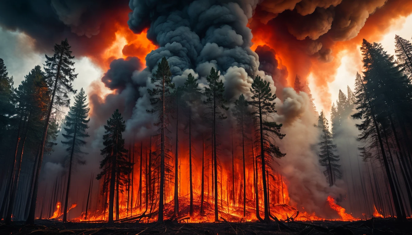 Ein brennender Wald mit hohen Flammen und dichten Rauchwolken.