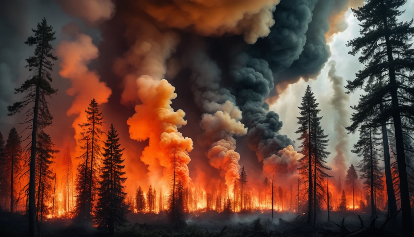 Ein brennender Wald mit hohen Flammen und dichter Rauchentwicklung.