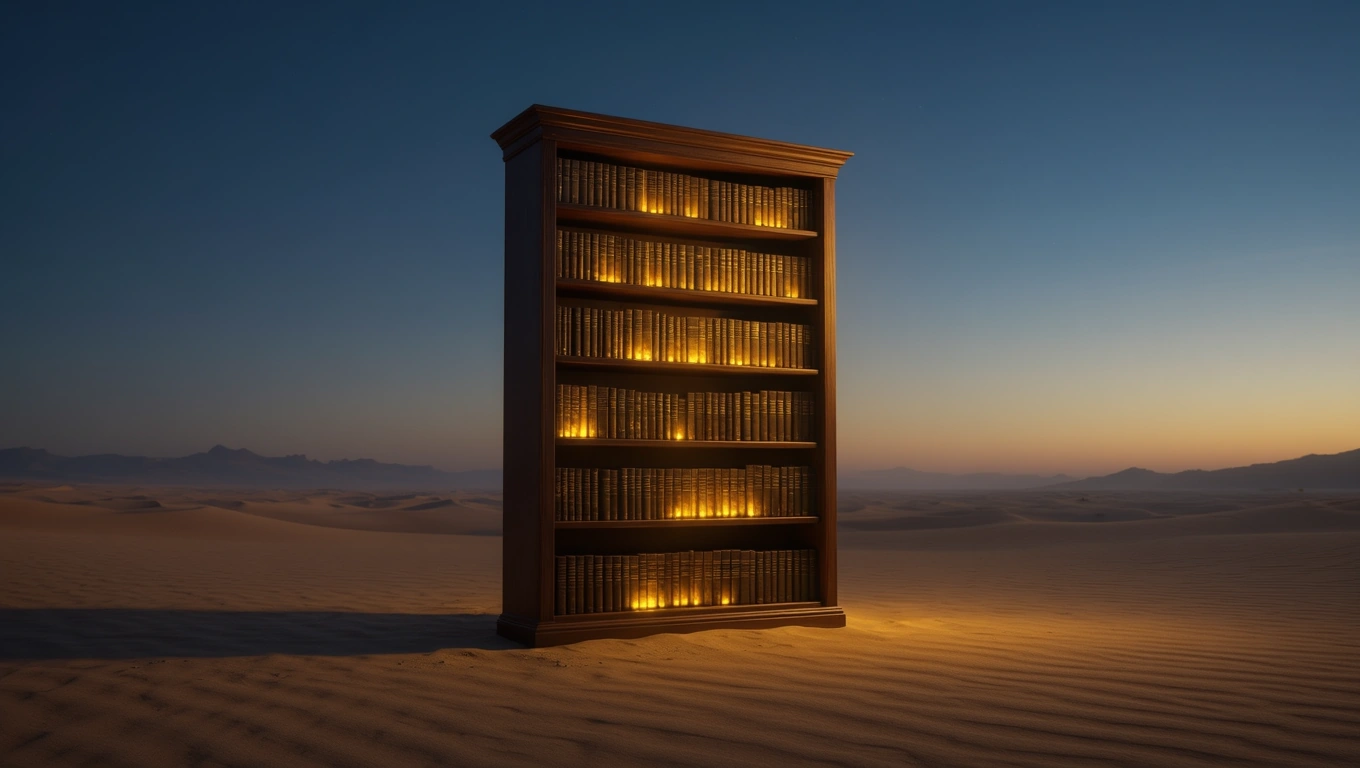 Ein Bücherregal mit leuchtenden Büchern in einer Wüstenlandschaft bei Sonnenuntergang.