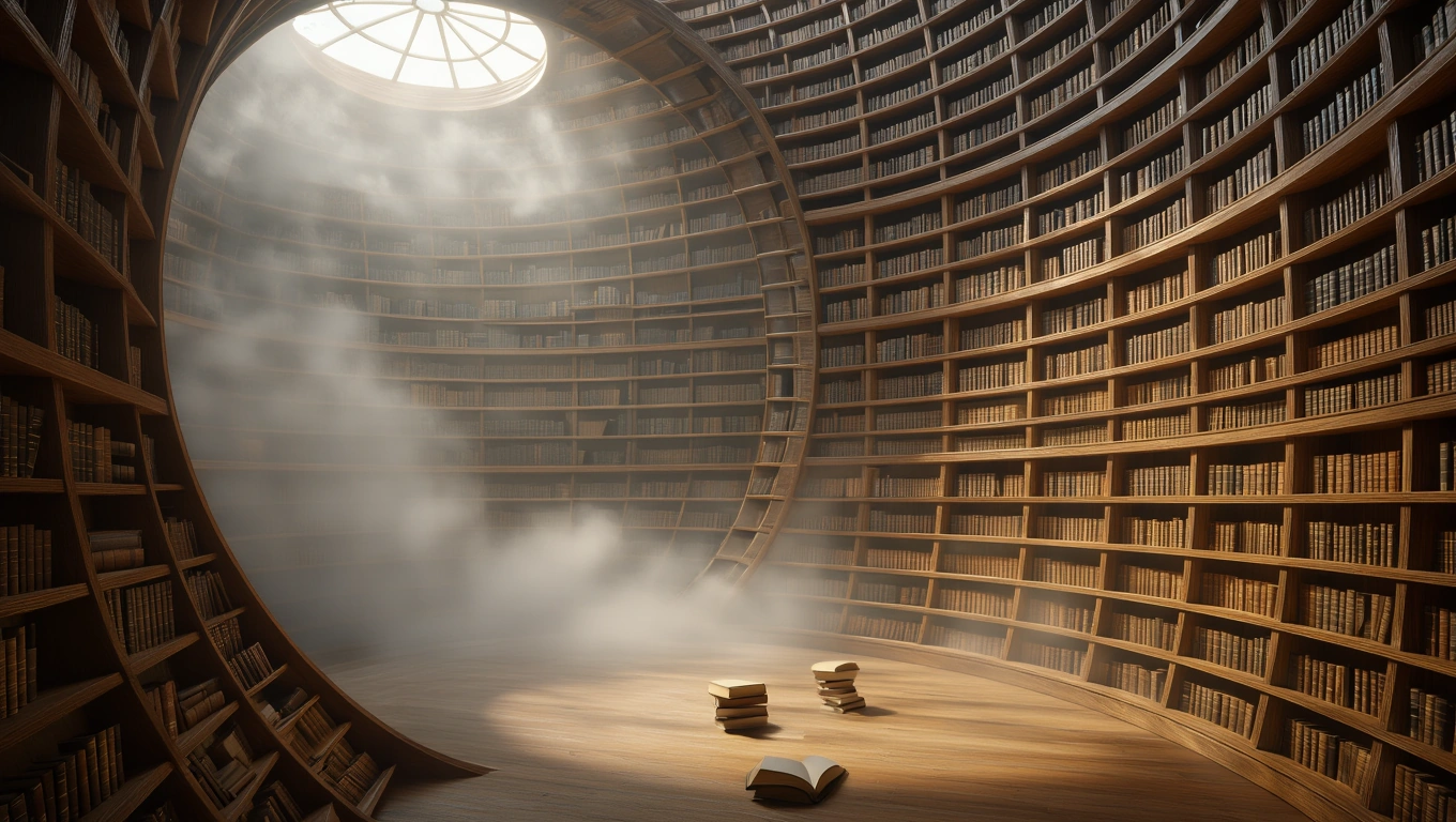 Ein rundes Bücherregal mit vielen Büchern und einem Lichtstrahl in einem ruhigen Raum.