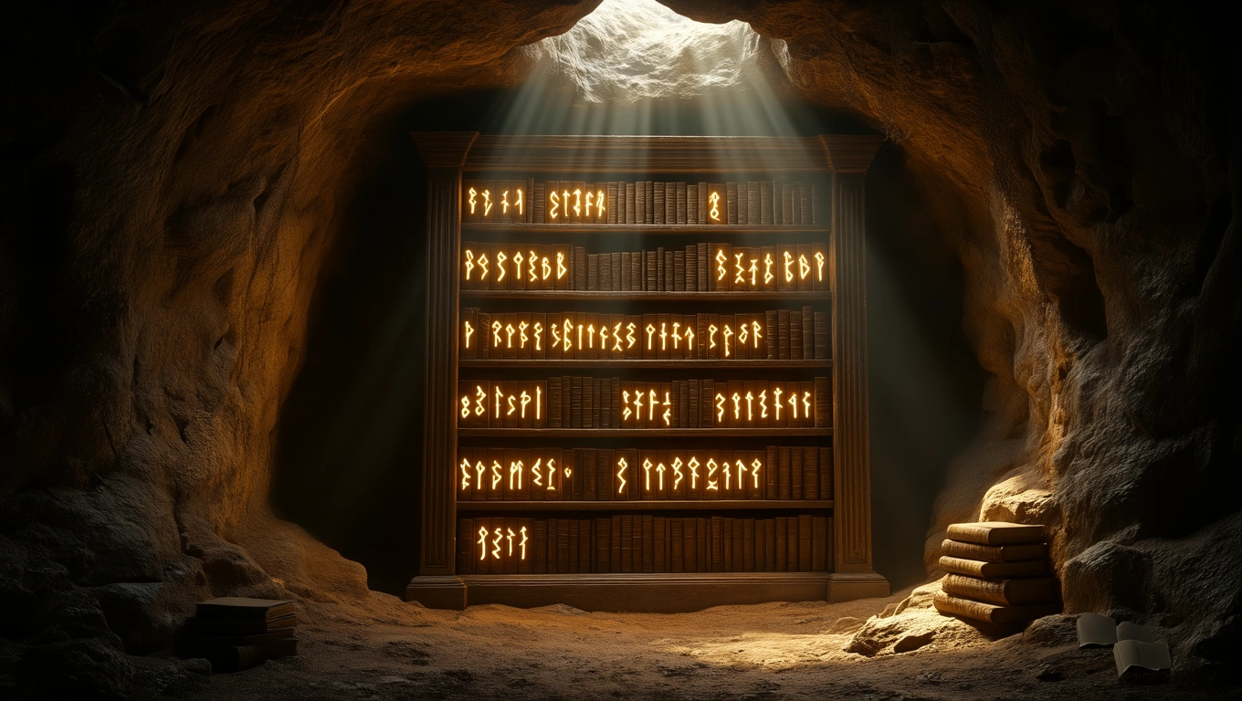 Ein Bücherregal in einer Höhle, beleuchtet von sanften Lichtstrahlen.