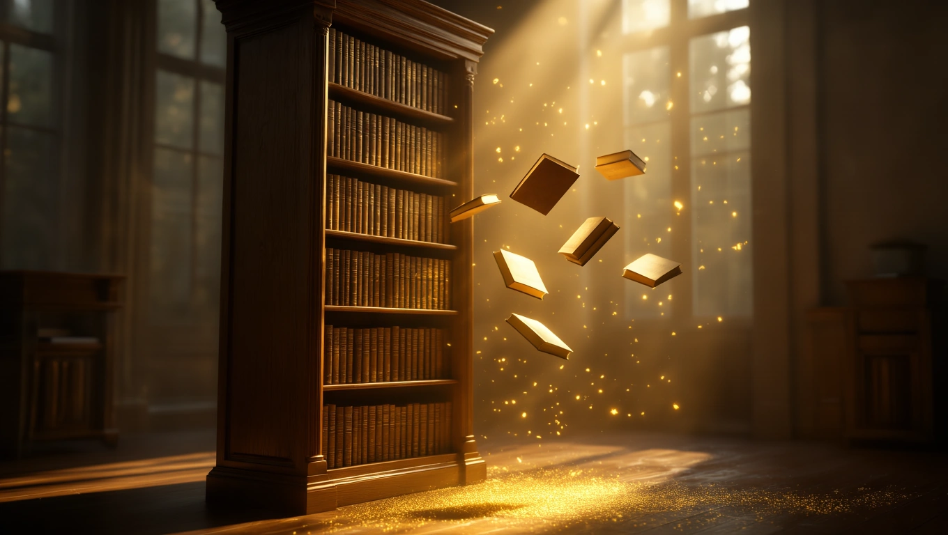 Ein Bücherregal mit schwebenden Büchern und goldenem Licht, symbolisiert Wissen und Träume.