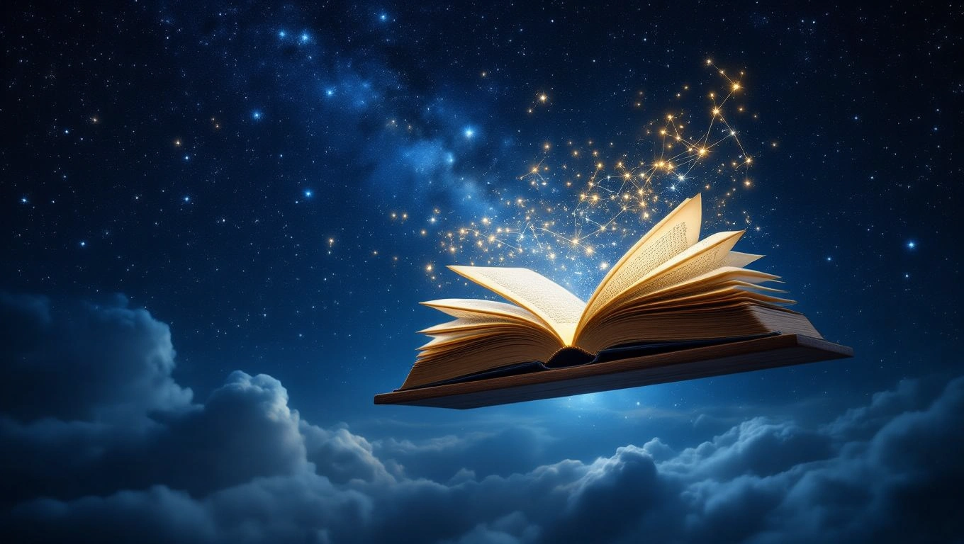 Ein aufgeschlagenes Buch schwebt im nächtlichen Himmel mit funkelnden Sternen.