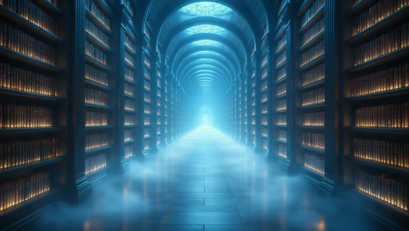 Ein mystischer Bücherregalgang mit beleuchteten Regalen und Nebel.