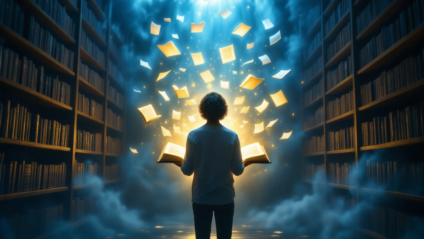 Eine Person steht vor einem Bücherregal, während Bücher in der Luft schweben.