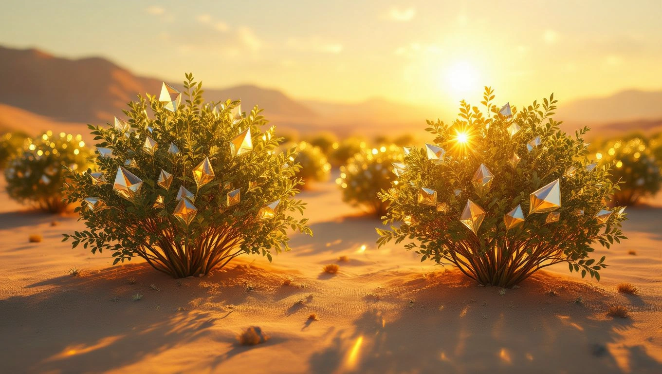 Ein leuchtender Busch mit geometrischen Formen im Sonnenlicht.