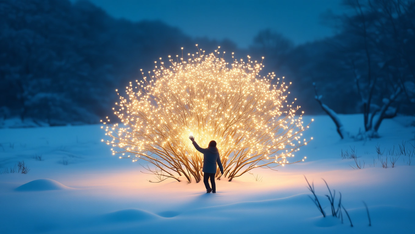 Eine Person steht vor einem leuchtenden Busch im Schnee und berührt ihn.