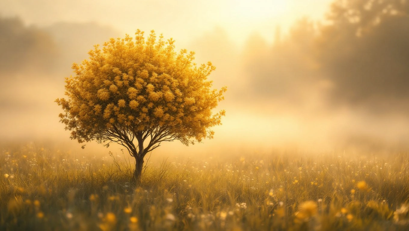 Ein leuchtender gelber Baum steht in einer nebligen Wiese.