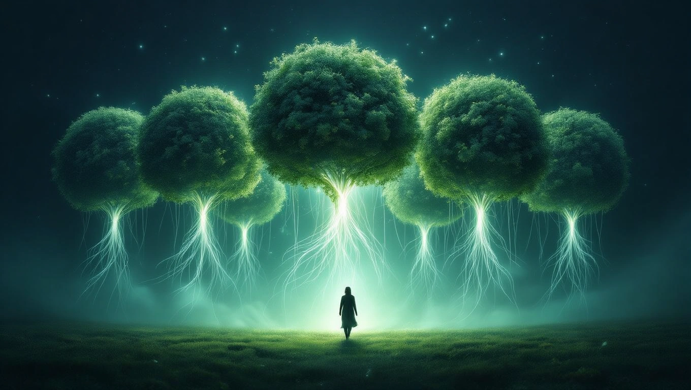 Eine mystische Landschaft mit leuchtenden Bäumen und einer Person im Vordergrund.