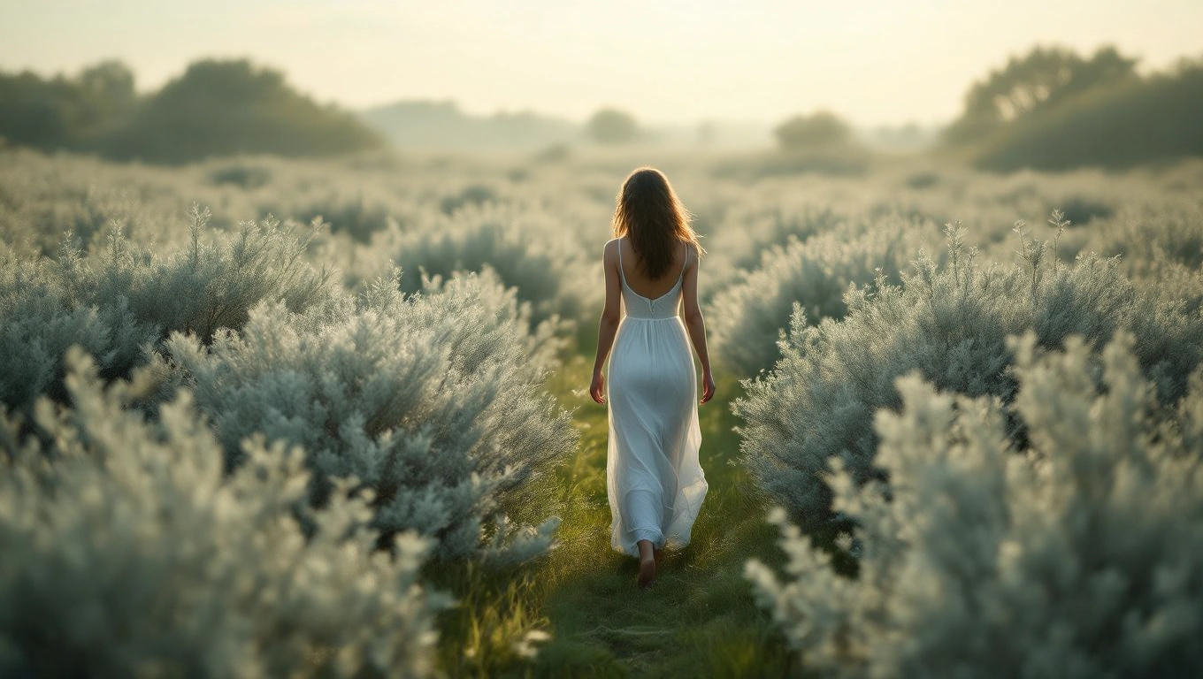 Eine Frau in einem weißen Kleid geht durch ein nebliges Feld mit Büschen.