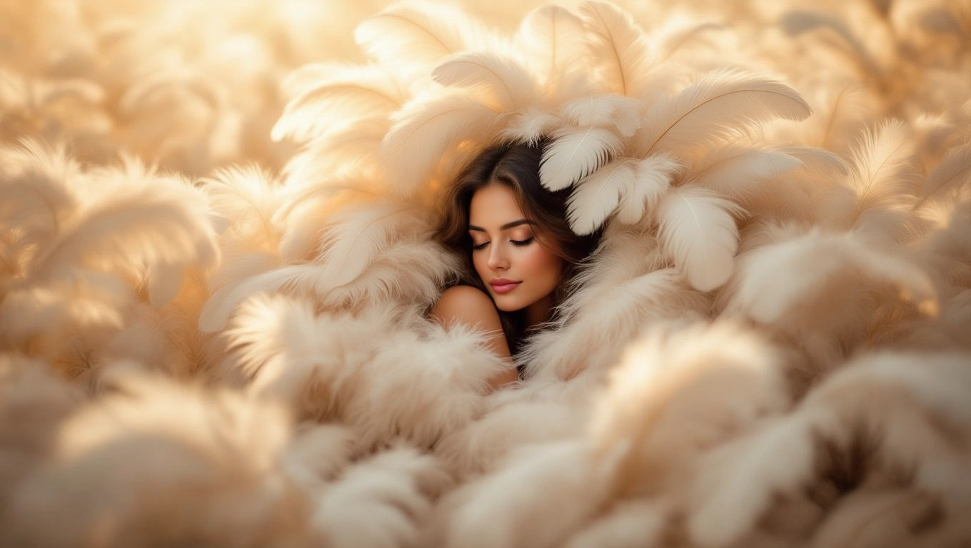 Eine Frau, umgeben von sanften, weißen Federn, die eine traumhafte Atmosphäre schaffen.