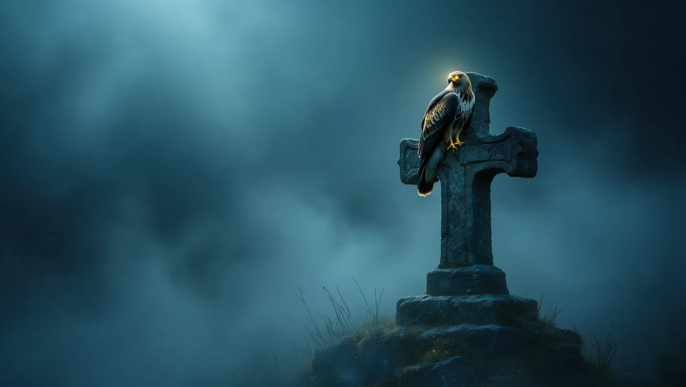 Ein Bussard sitzt auf einem alten Kreuz in nebliger Umgebung.