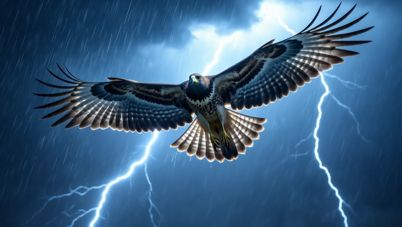 Ein Bussard fliegt majestätisch durch einen stürmischen Himmel mit Blitzen.