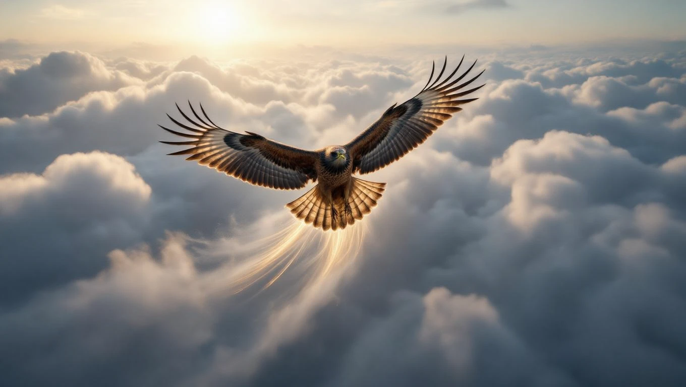 Ein Bussard schwebt majestätisch über einer Wolkendecke im Sonnenlicht.