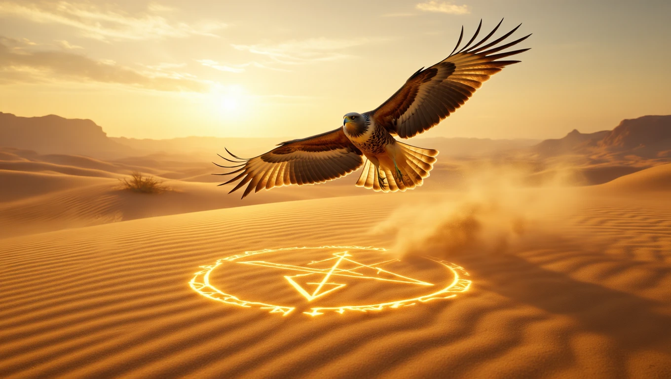 Ein Bussard schwebt majestätisch über eine Wüstenlandschaft mit mystischen Symbolen im Sand.